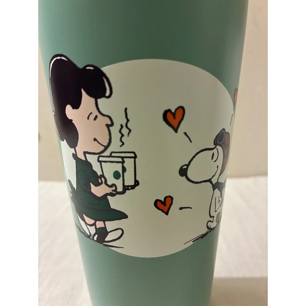 Starbucks Peanuts Snoopy Lucy Cold Cup Tumbler 24oz Sage Green Stainless Steel